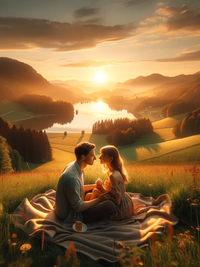 DALL·E 2024-03-19 17.10.54 - A couple enjoying a romantic moment together, surrounded by a stunning landscape. The scene captures a soft, golden sunset that illuminates their face