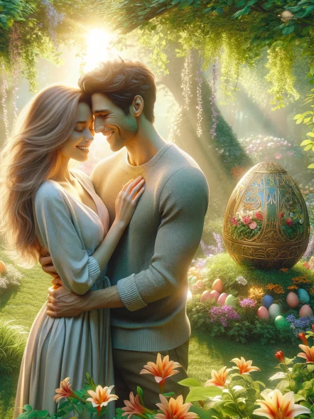 DALL·E 2024-03-21 16.34.45 - Imagine a highly realistic scene of a couple together during Easter. The scene is set in a lush, green garden filled with vibrant spring flowers. In t