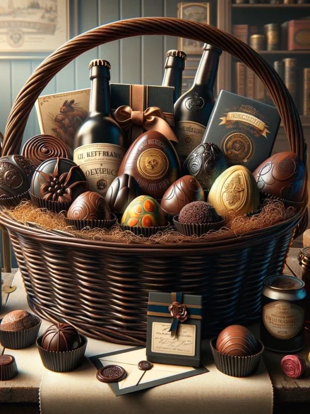 DALL·E 2024-03-22 13.22.54 - Imagine a highly detailed and realistic image of an Easter basket designed for a boyfriend. The basket is elegantly crafted from dark wicker, exuding