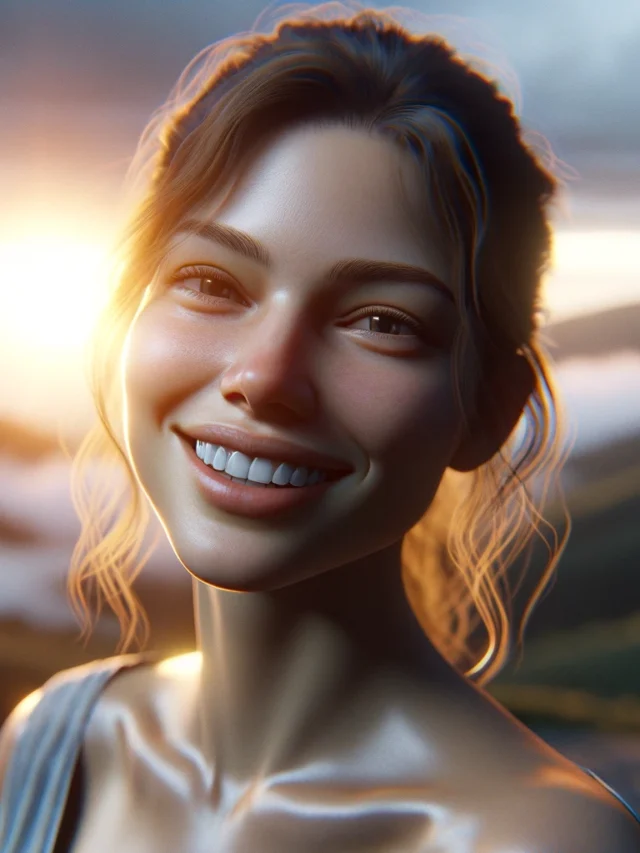 DALL·E 2024-03-22 14.08.00 - Imagine a highly realistic scene featuring a woman standing alone, smiling with genuine happiness. She is captured during sunset, but the sun's light