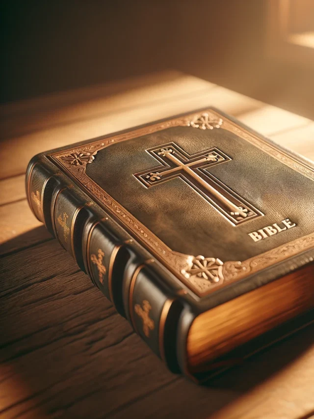 DALL·E 2024-03-27 16.12.37 - A realistic image of a Bible placed on a wooden table. The Bible is closed, showing its thick spine, detailed leather cover with embossed crosses, and