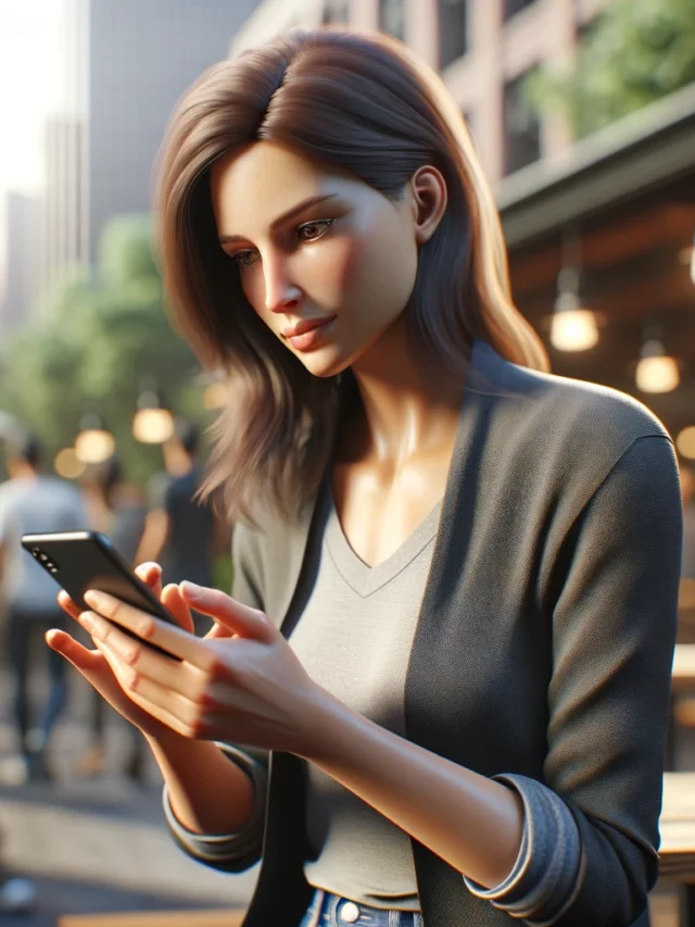 DALL·E 2024-03-27 16.19.21 - A realistic scene of a woman texting on her smartphone, sending a message to a man. The setting is modern and casual, possibly in an urban environment