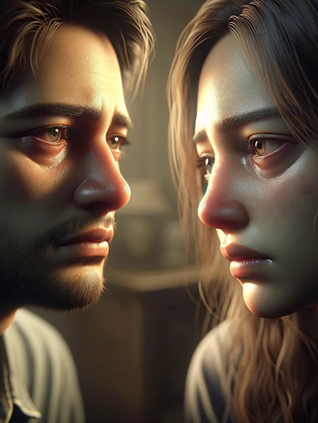 DALL·E 2024-03-28 14.21.45 - A highly detailed and realistic image of a couple looking at each other with sadness. The scene captures a poignant moment, highlighting the emotional