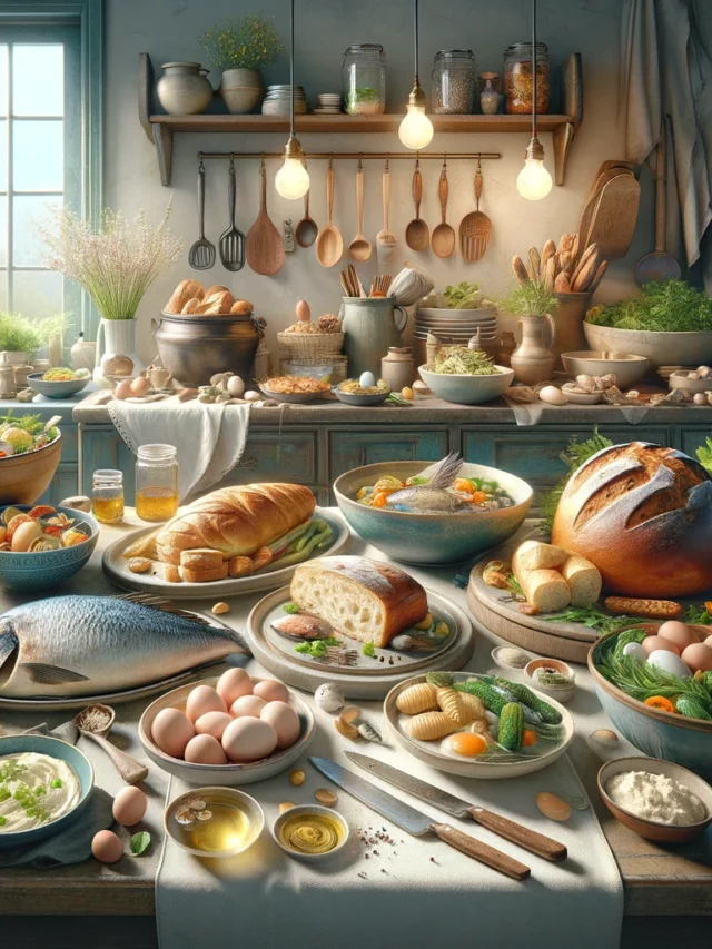 DALL·E 2024-03-28 14.33.04 - A realistic image that illustrates various recipes for Easter week, showcasing a diversity of dishes that might include fish, bread, and vegetables. T