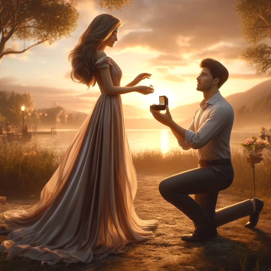 DALL·E 2024-04-19 15.09.30 - A romantic scene depicting a woman proposing to her boyfriend in a beautiful, intimate setting. The scene is set outdoors at sunset, with soft, warm l