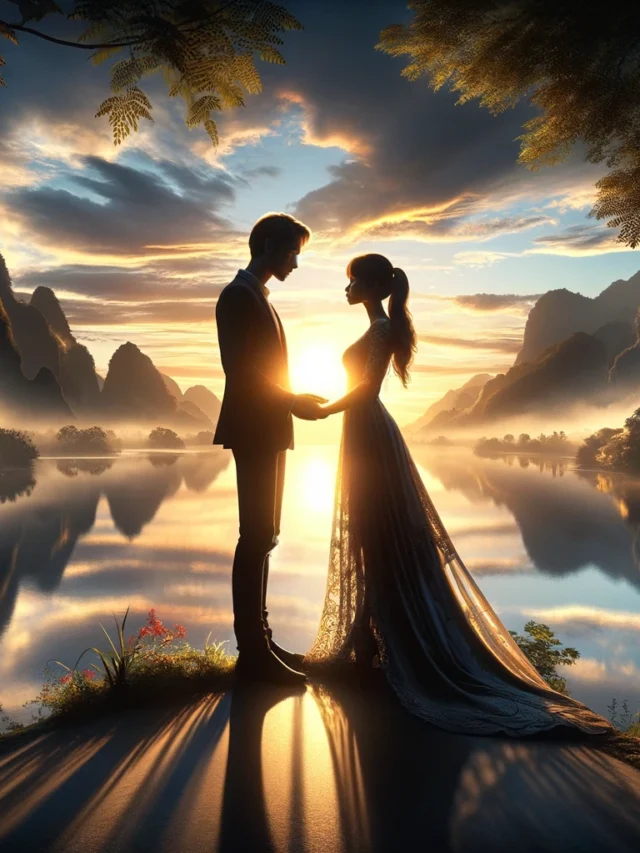 DALL·E 2024-04-01 14.12.04 - A highly realistic image that represents love, capturing a tender moment between a couple in a serene and beautiful environment. The couple is silhoue