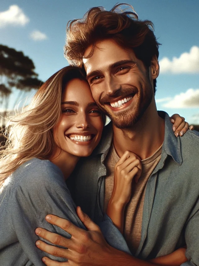 DALL·E 2024-04-08 16.34.16 - Uma imagem realista de um casal feliz abraçado, compartilhando um momento de alegria juntos. Eles estão em um ambiente externo, com um fundo natural d