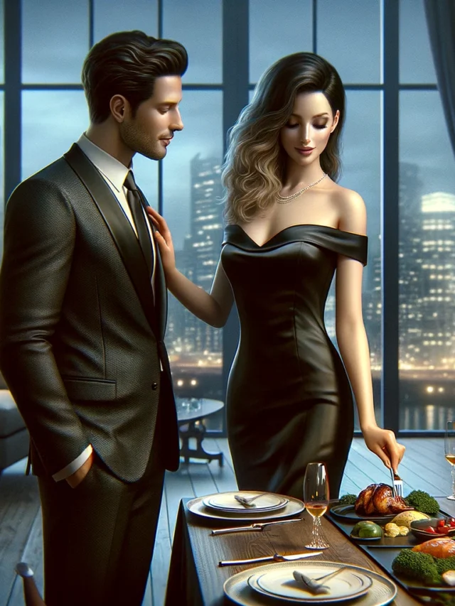 DALL·E 2024-04-11 16.43.24 - A realistic scene depicting a woman trying to please a man. The woman is dressed elegantly in a sophisticated evening gown, and the man is wearing a s