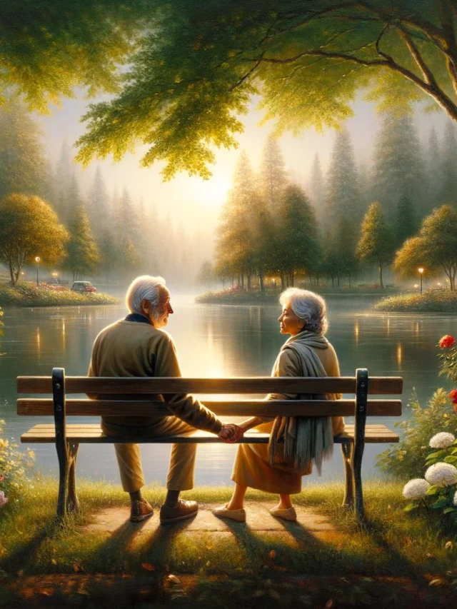 DALL·E 2024-04-15 16.58.49 - A realistic painting depicting the concept of 'Love is Patient'. The scene includes an elderly couple sitting on a park bench, holding hands and gazin