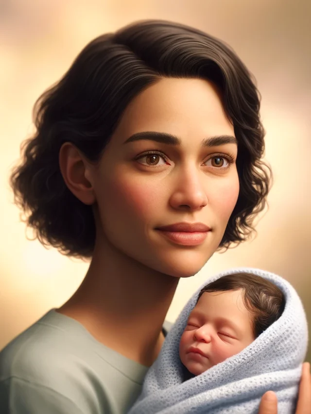 DALL·E 2024-04-19 15.05.04 - A highly realistic portrait of a mother holding her newborn baby. The mother is depicted with a gentle expression, her eyes softly looking at her chil