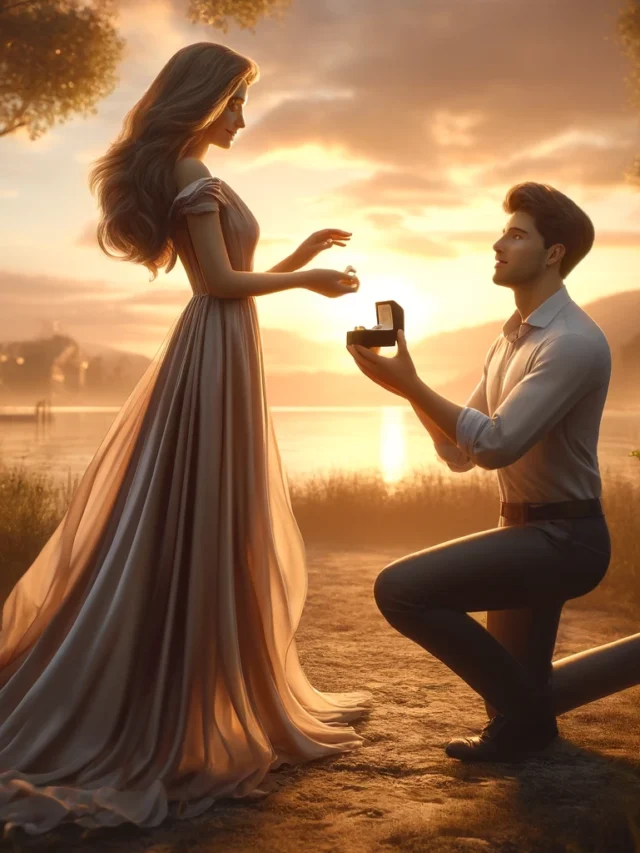 DALL·E 2024-04-19 15.09.30 - A romantic scene depicting a woman proposing to her boyfriend in a beautiful, intimate setting. The scene is set outdoors at sunset, with soft, warm l