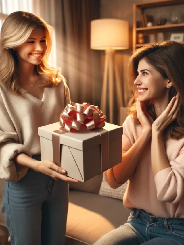 DALL·E 2024-04-19 15.12.44 - A heartwarming scene of a woman presenting a gift to her female friend in a cozy living room. The room is tastefully decorated with soft, ambient ligh