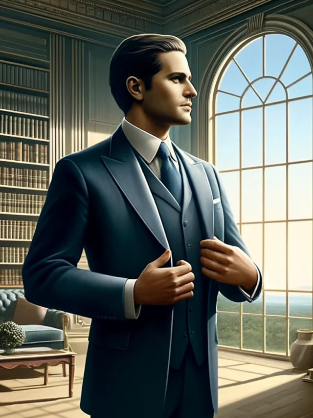 DALL·E 2024-04-29 16.43.02 - A symbolic representation of 'Being the Man She Wants'. The image features a confident man in a tailored suit, standing with an open posture in an ele