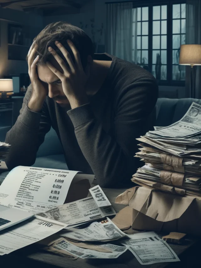 DALL·E 2024-06-05 15.10.14 - A realistic and high-quality image of a person facing bankruptcy. The person should look distressed and worried, sitting at a cluttered desk with pile